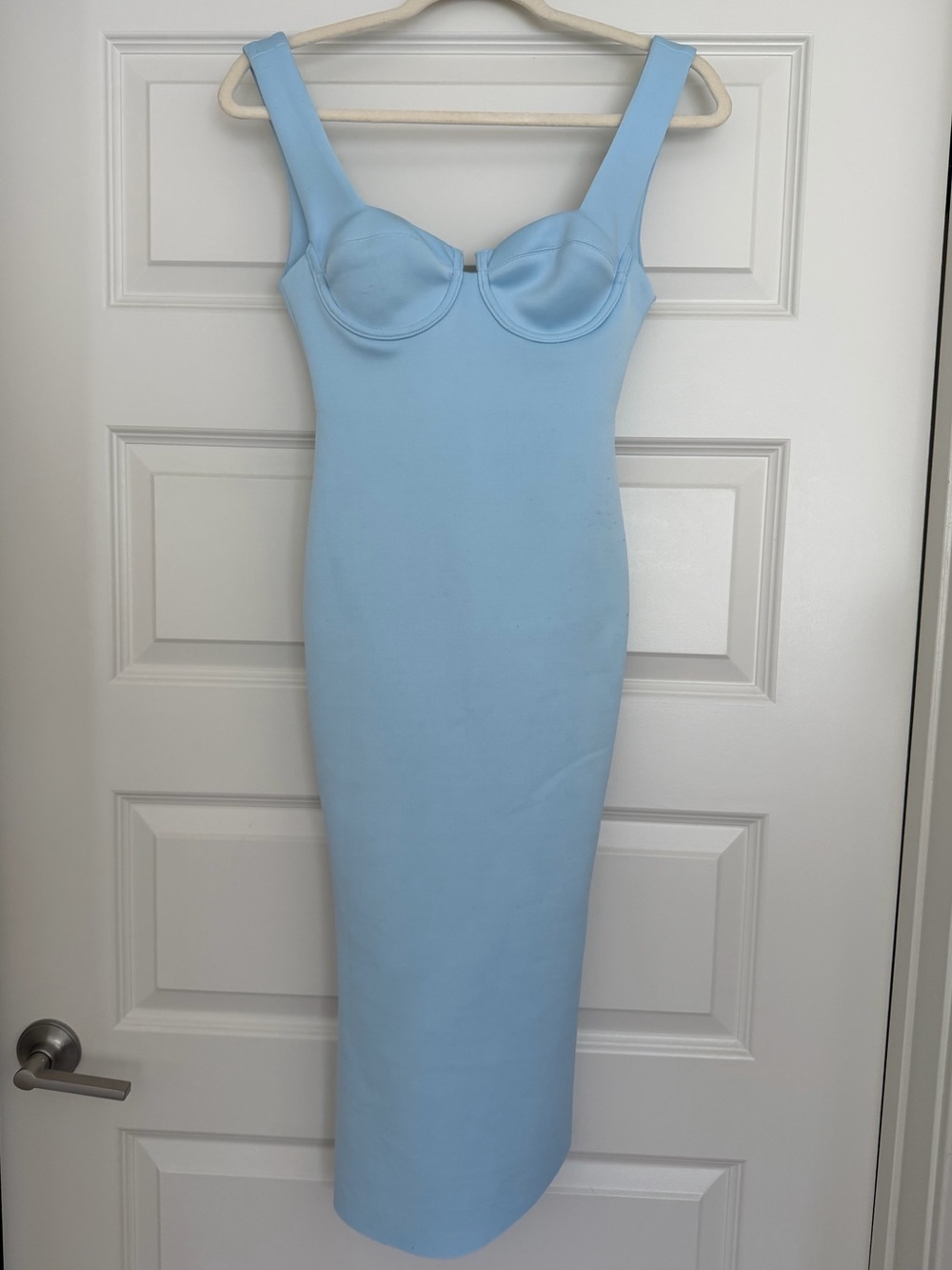 Light Blue Bodycon Midi Dress with Structured Bust